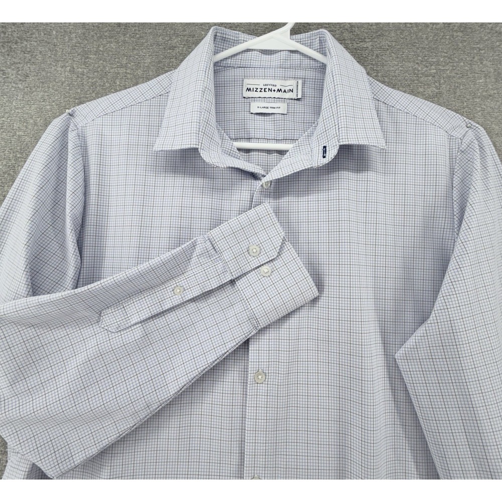 Mizzen + Main Leeward Trim Fit Shirt Men Size XL Light Blue Check Long Sleeve